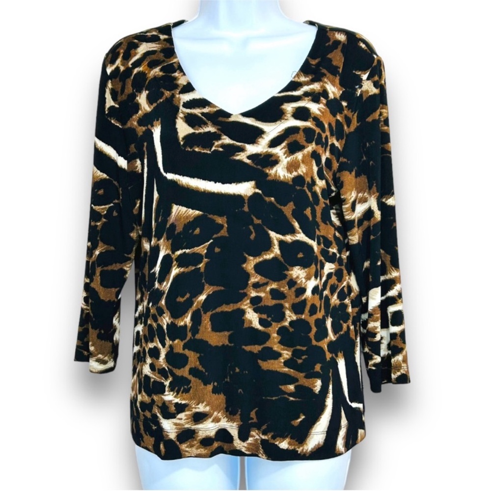 Chico's Travelers Black and Tan Animal Print Top